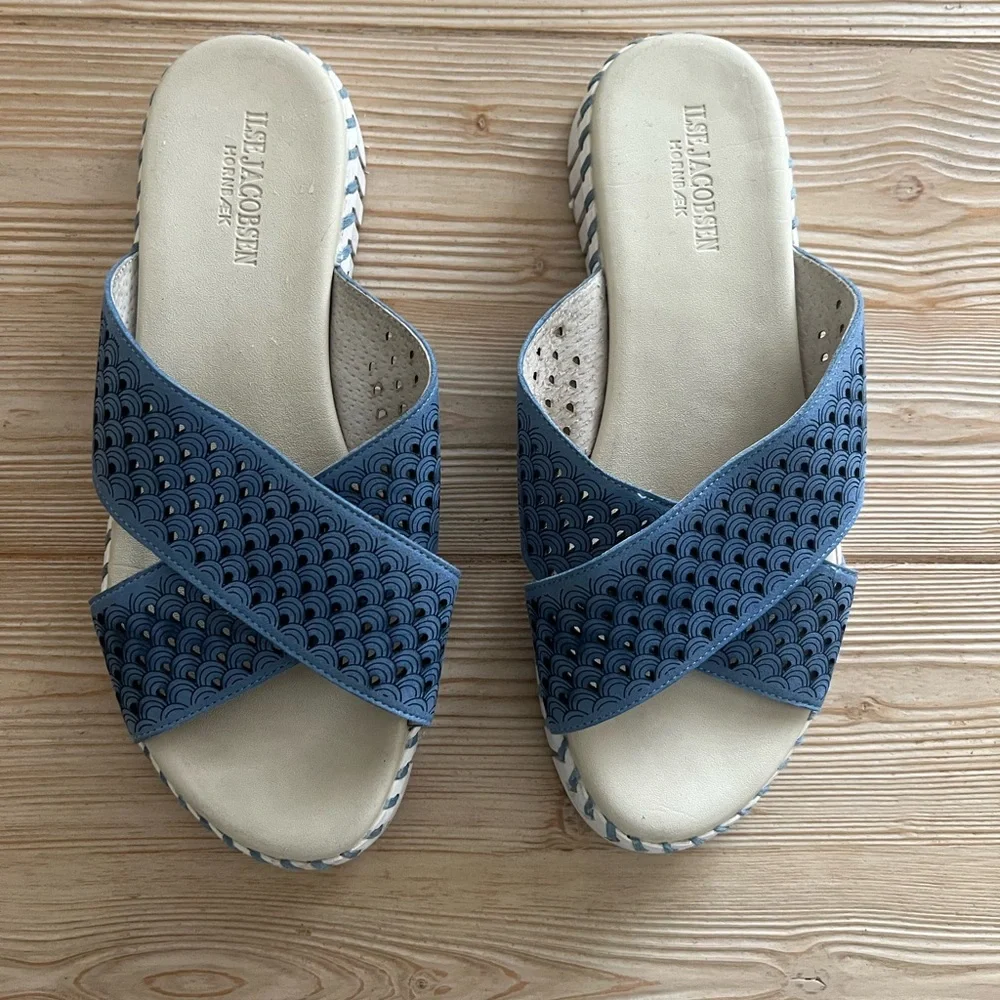 Ilse Jacobsen Tulip Sandals Size 40 (US 9) Blue Laser Cut Cross Strap Slides